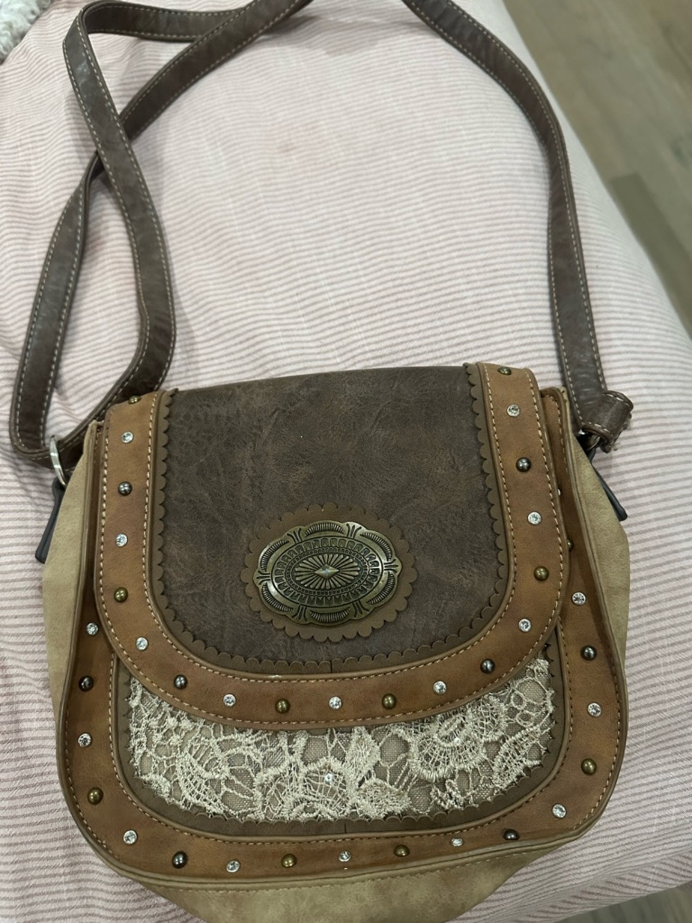 Justin Boots Brown and Tan Lace Accent Crossbody Bag